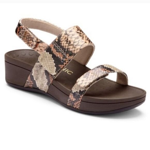 Vionic Orthaheel Bolinas Brown Leather Snake Embossed Strappy Platform Sandals - Picture 1 of 9